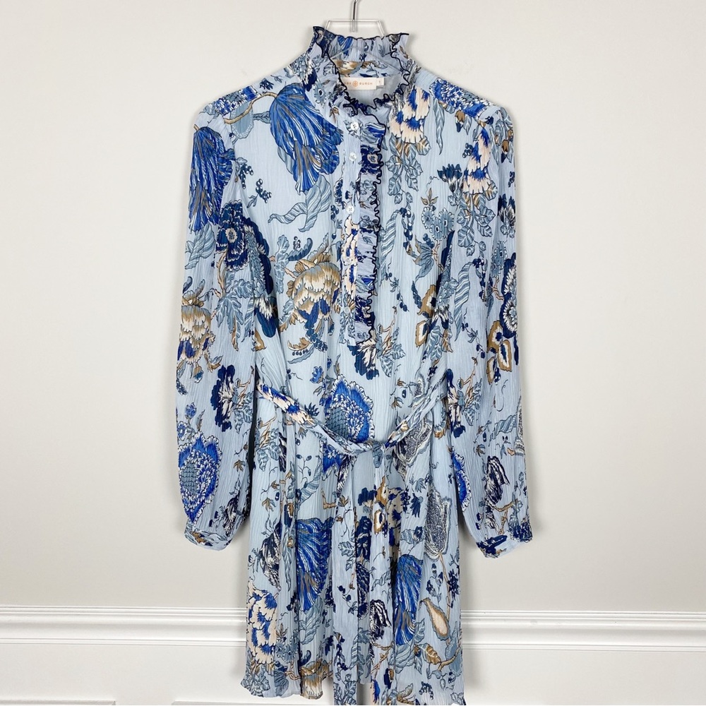 Tory Burch Floral Paisley Mini Dress in White and Blue - Picture 3 of 5